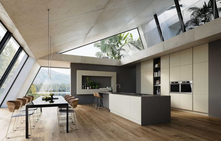 Moderne minimalistisk kjøkken med store vinduer, naturlig lys, tremøbler og grønne planter, designet for å skape et funksjonelt og stilfullt rom.